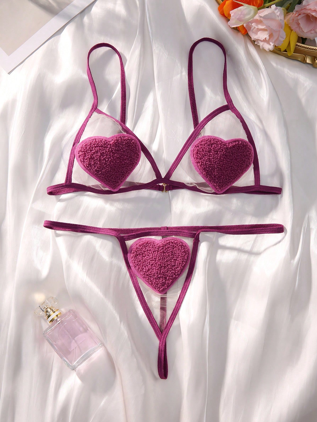 Classic Sxy Heart Patched Mesh Lingerie Set
