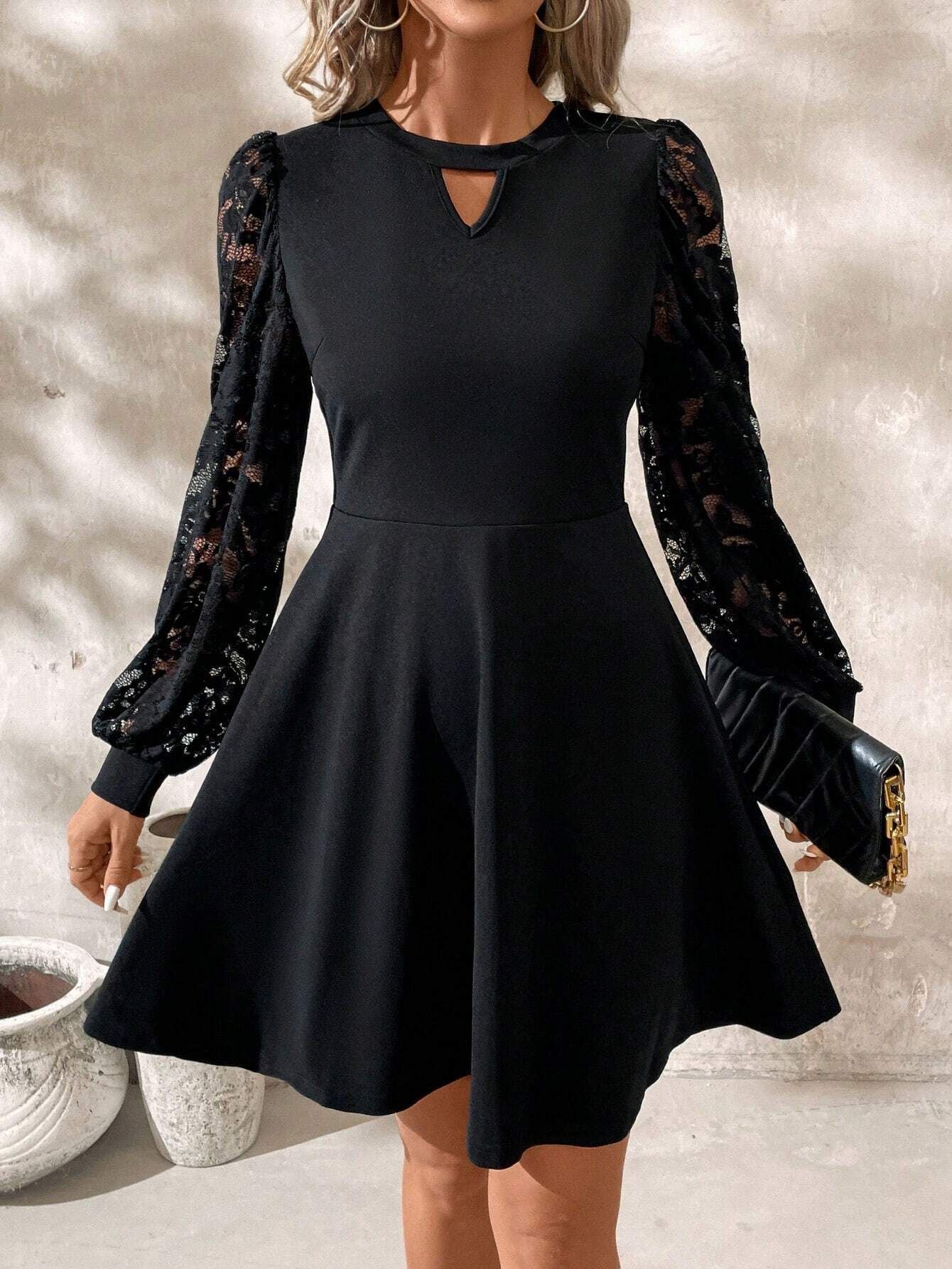 2024 new elegant women's black crew neck lace splicing long-sleeved slim-fitting horn hem jumpsuit