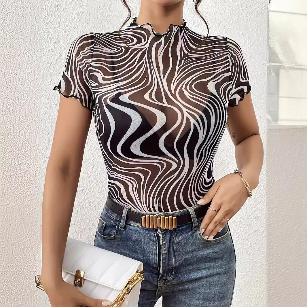 2025 new elegant mesh printing striped fungus edge short-sleeved T-shirt slim top women's clothing