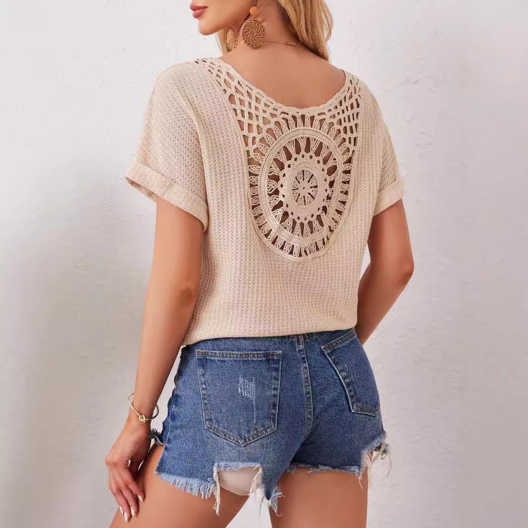 2025 new elegant V-neck back hollow splicing fashionable lace bat sleeve T-shirt women's clothing