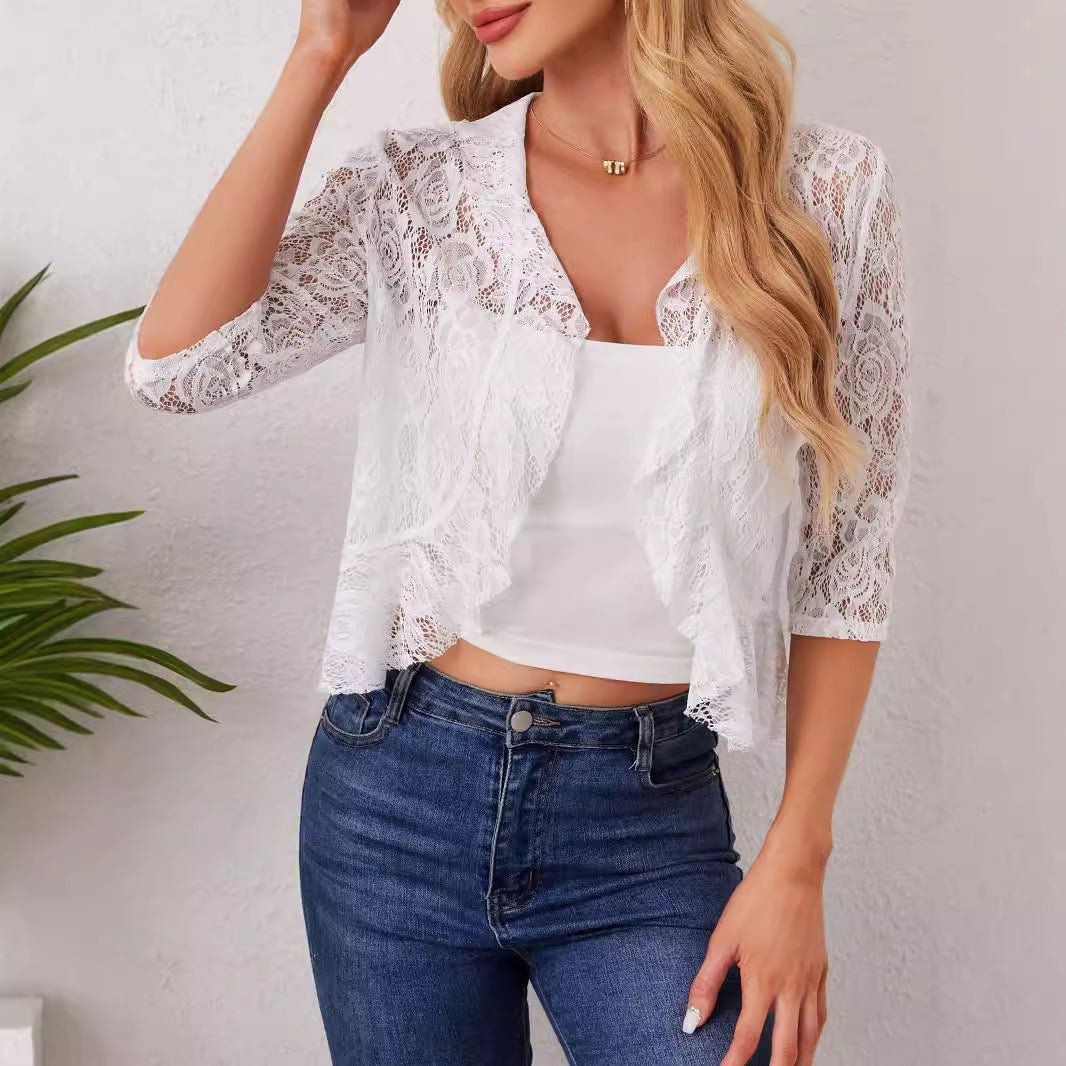 2025 's new elegant and fashionable women's ruffle leaf open placket short lace top