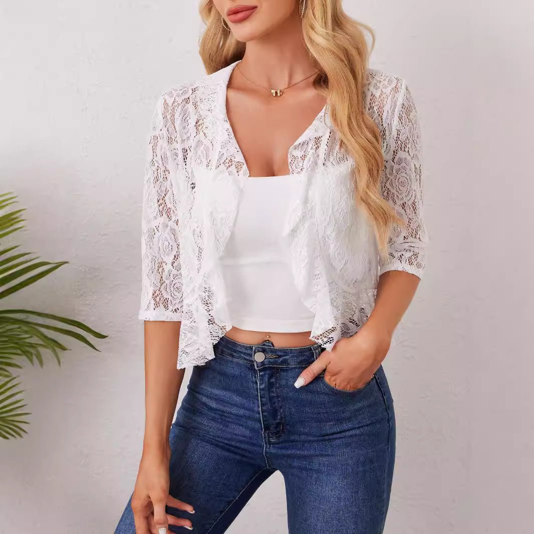 2025 's new elegant and fashionable women's ruffle leaf open placket short lace top