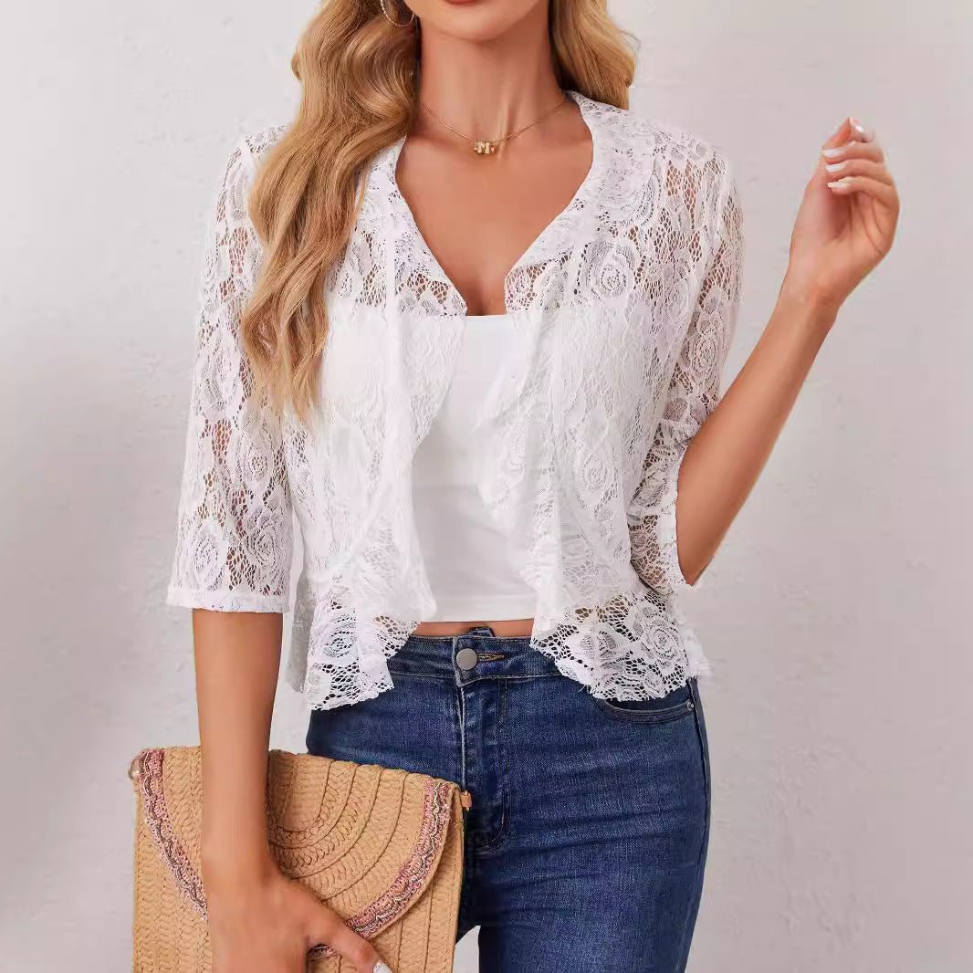 2025 's new elegant and fashionable women's ruffle leaf open placket short lace top