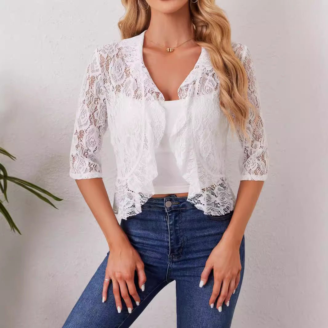 2025 's new elegant and fashionable women's ruffle leaf open placket short lace top