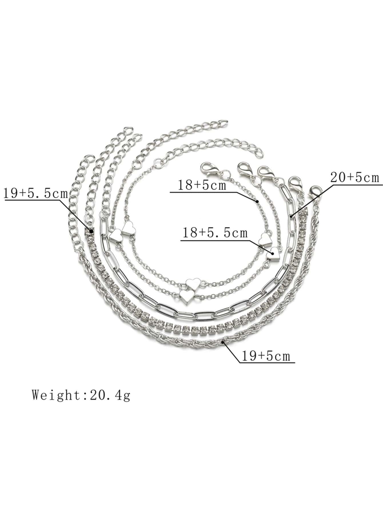 5pcs Rhinestone & Heart Decor Bracelet
