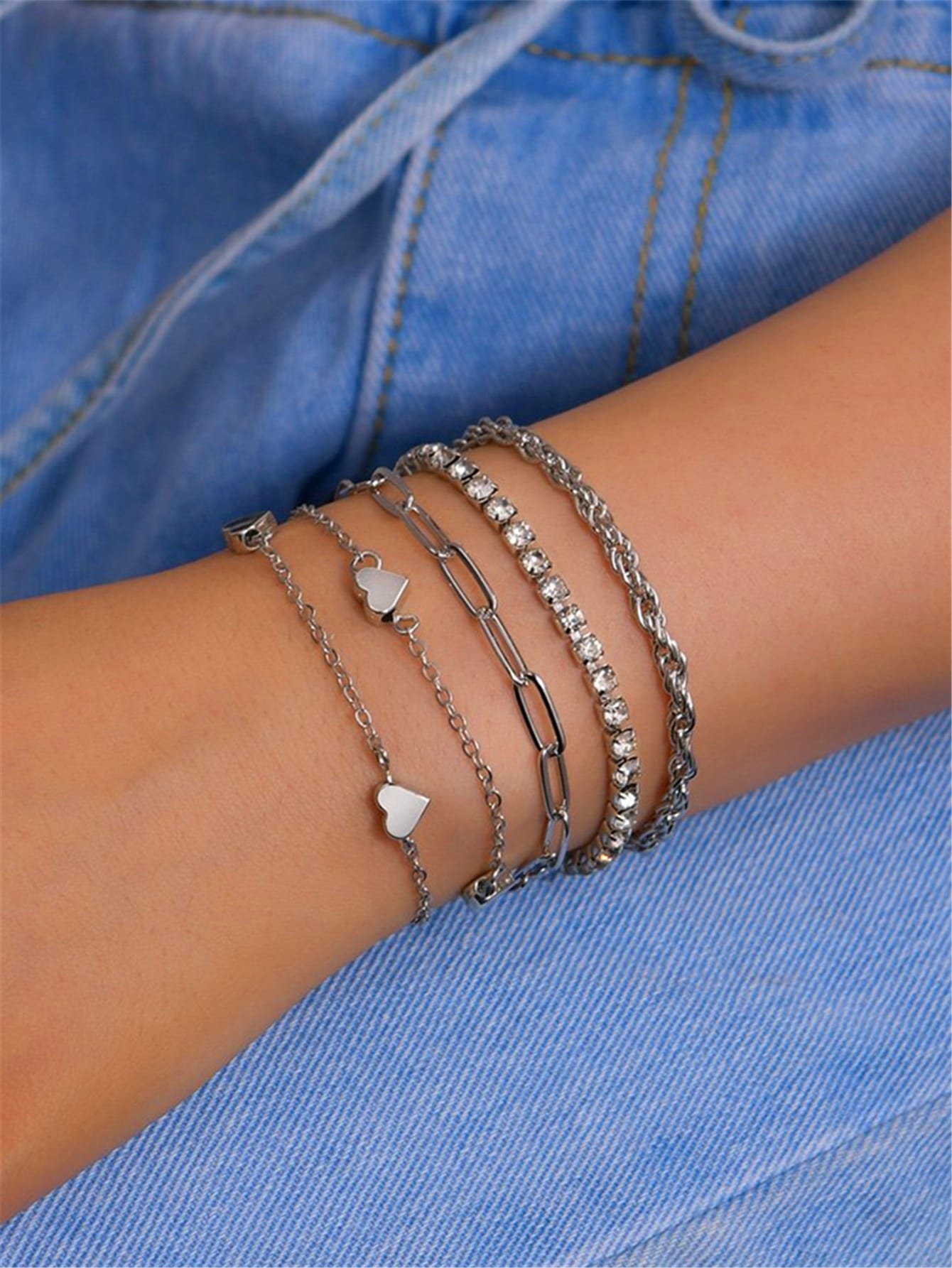 5pcs Rhinestone & Heart Decor Bracelet
