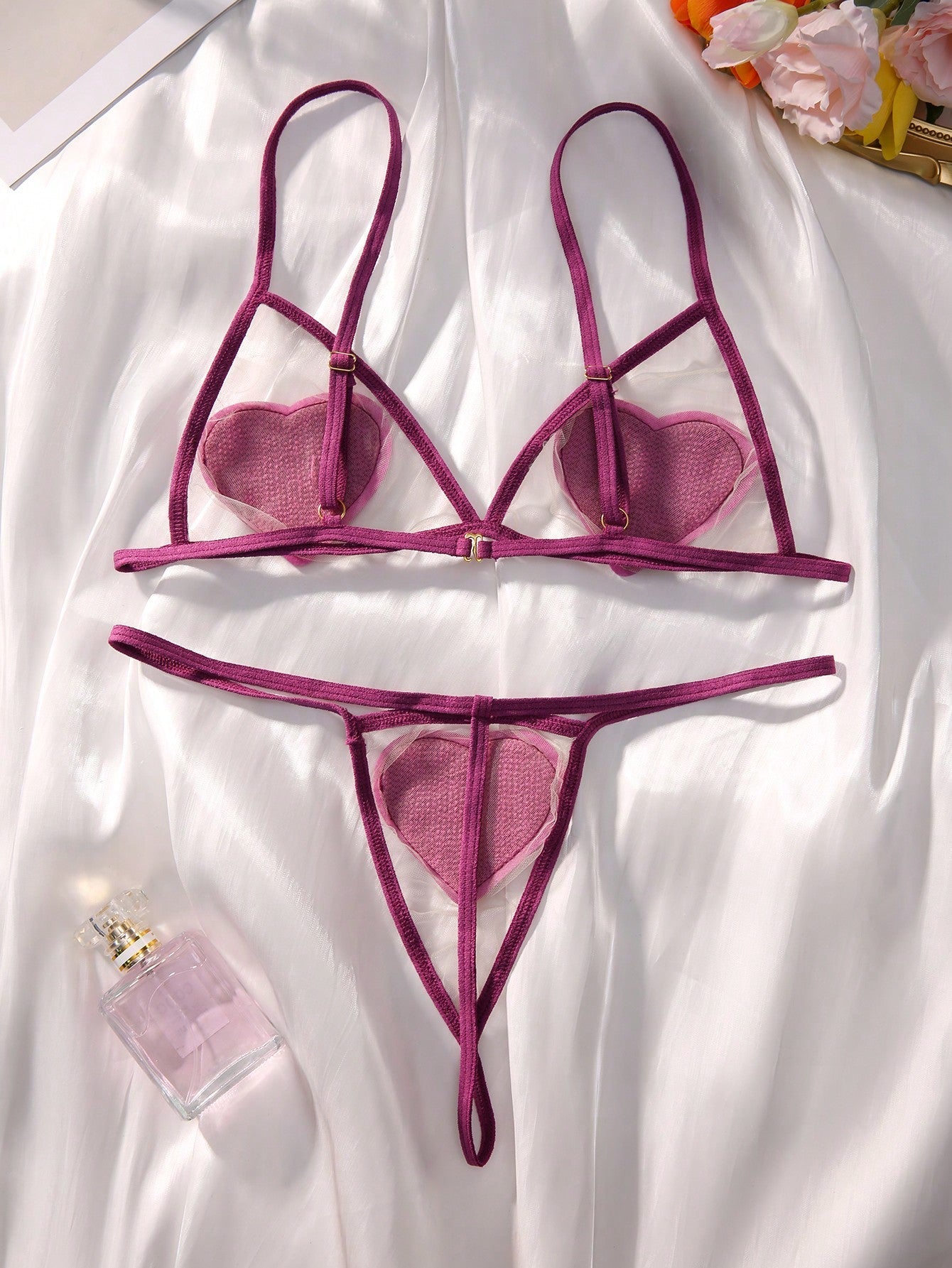 Classic Sxy Heart Patched Mesh Lingerie Set