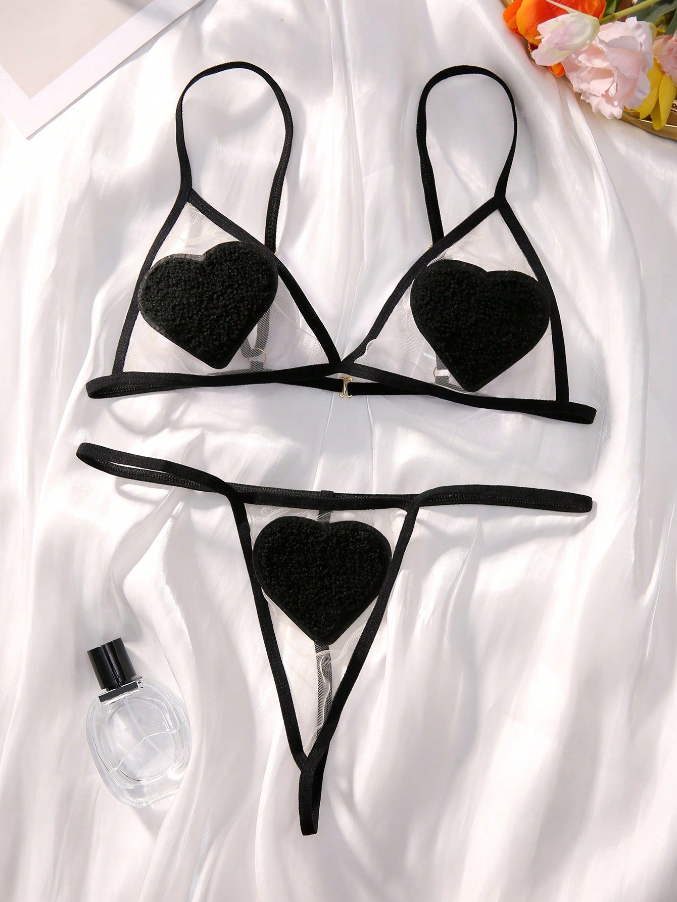 Classic Sxy Heart Patched Mesh Lingerie Set