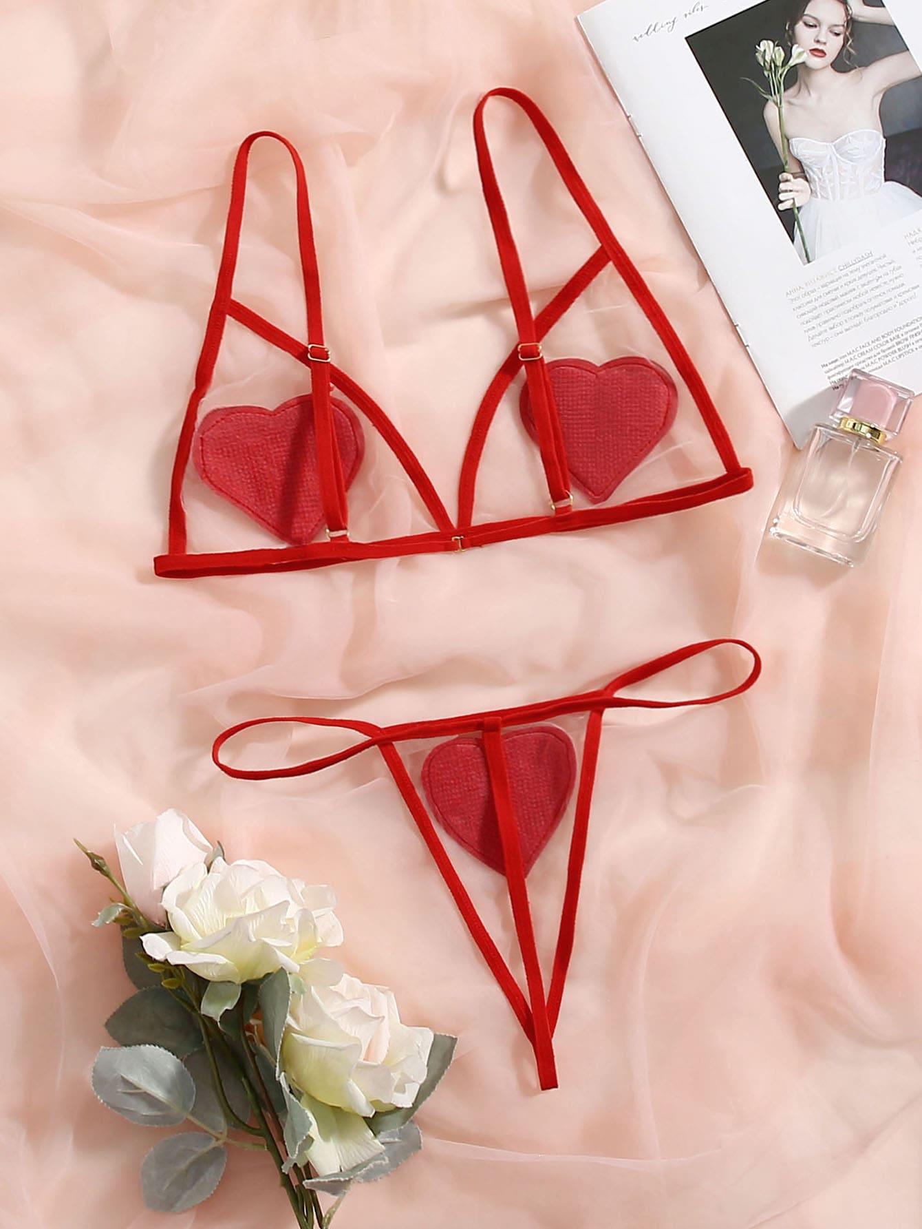 Classic Sxy Heart Patched Mesh Lingerie Set