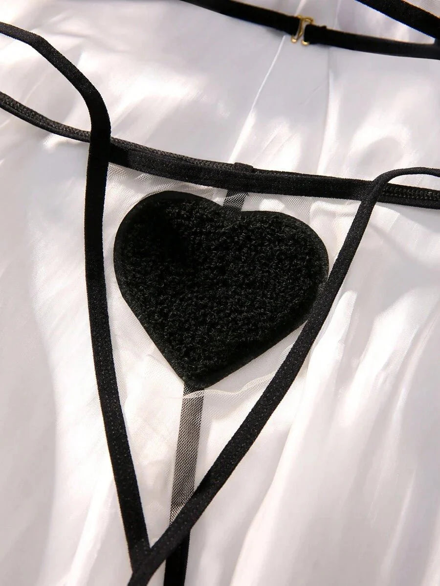 Classic Sxy Heart Patched Mesh Lingerie Set