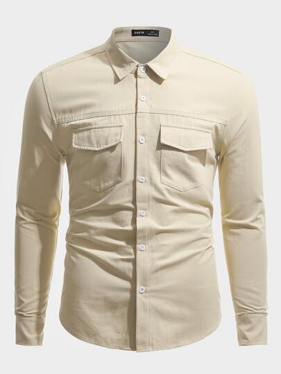 SHEIN Corduroy Casual Button Up Long Sleeve Shirt With Pockets