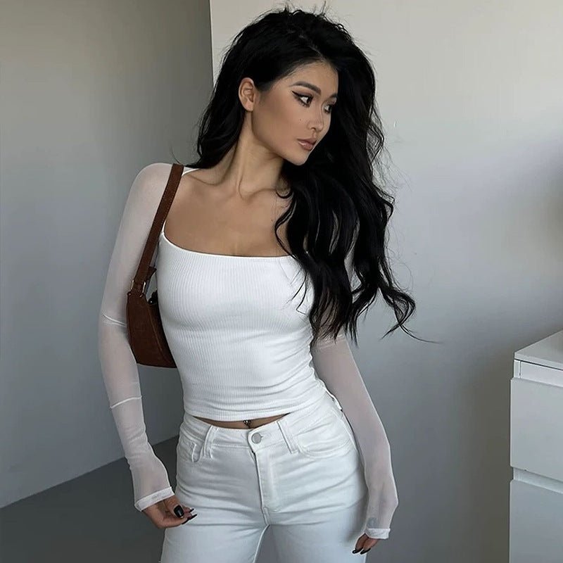 Solid color square collar long sleeve slim mesh splicing top