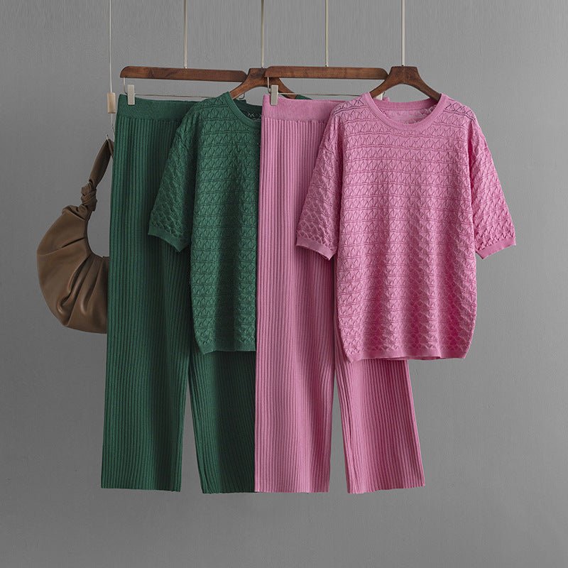Solid color hollow casual round neck fashion suit short sleeve trousers knitted two-piece set