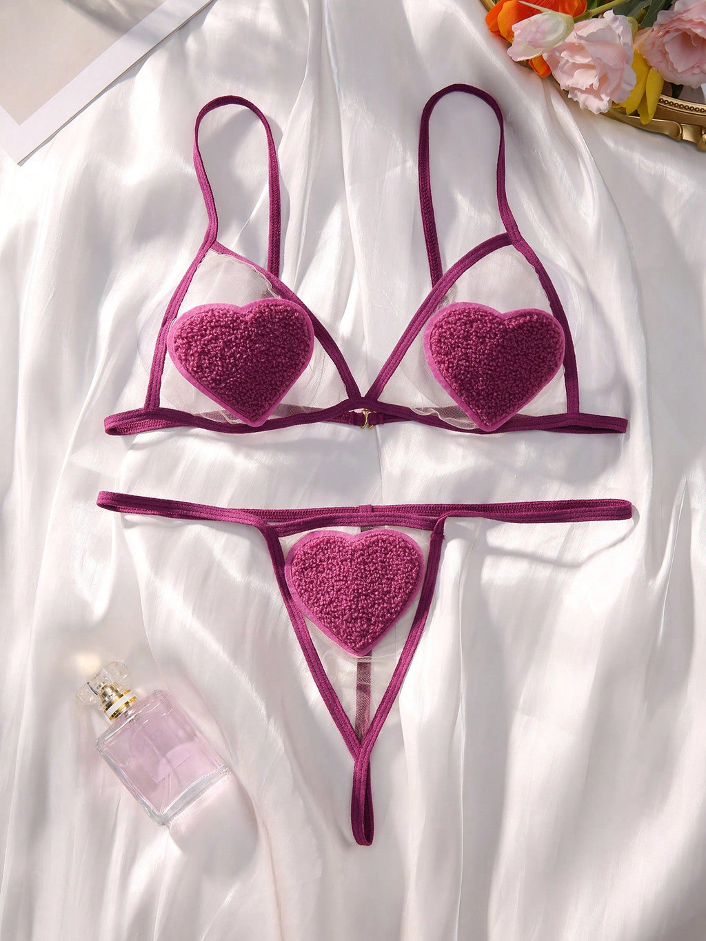 Classic Sxy Heart Patched Mesh Lingerie Set