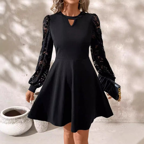 2024 new elegant women's black crew neck lace splicing long-sleeved slim-fitting horn hem jumpsuit