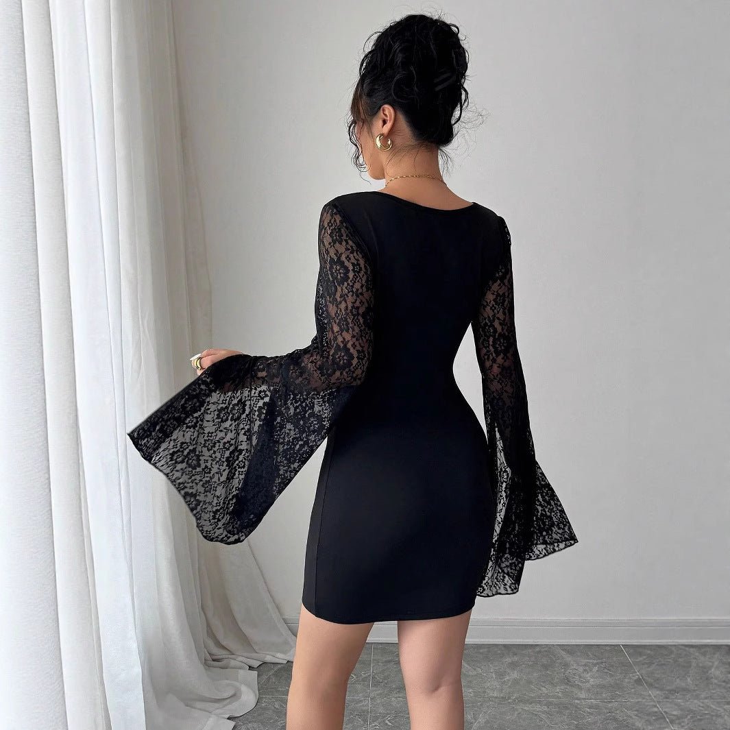 2025 autumn new horn sleeve split end solid color lace splicing square neck hip wrap dress