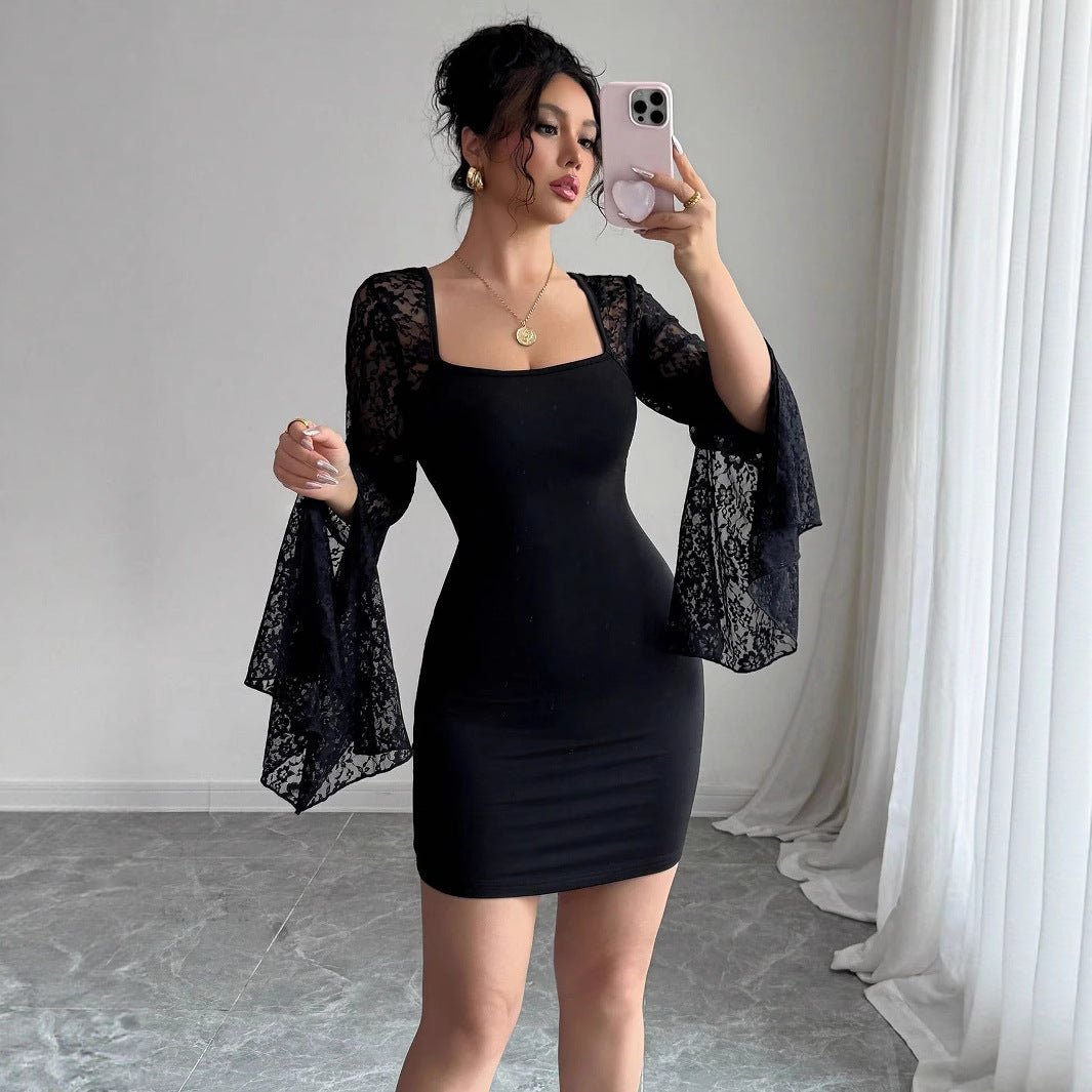 2025 autumn new horn sleeve split end solid color lace splicing square neck hip wrap dress