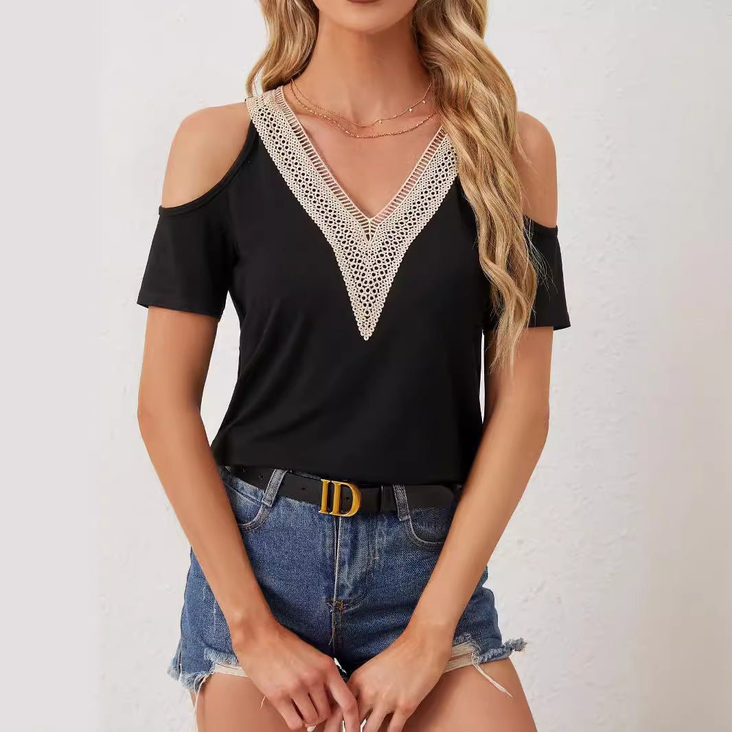2025 elegant lace V-neck applique sleeves hollow short sleeves loose solid color T-shirt slim top