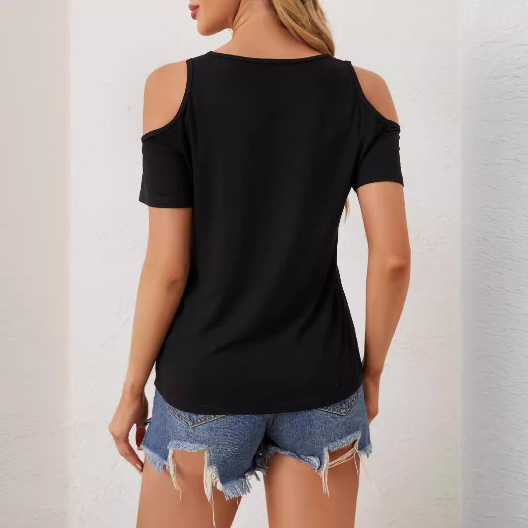 2025 elegant lace V-neck applique sleeves hollow short sleeves loose solid color T-shirt slim top
