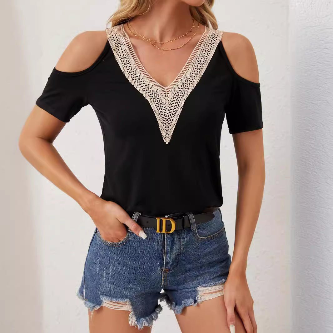 2025 elegant lace V-neck applique sleeves hollow short sleeves loose solid color T-shirt slim top