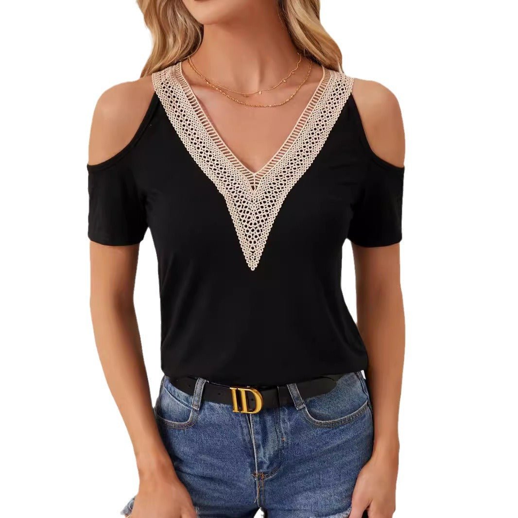 2025 elegant lace V-neck applique sleeves hollow short sleeves loose solid color T-shirt slim top
