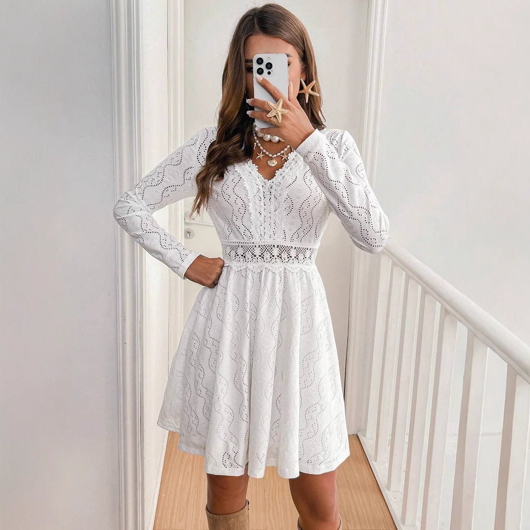 2025 elegant women's solid color lace patchwork mini holiday dress scallop edge sundress