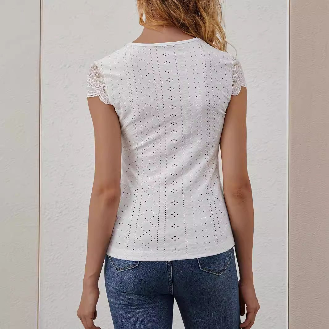 2025 fan-shaped V-neck front chest button lace splicing slim and thin T-shirt short-sleeved top women's clothing