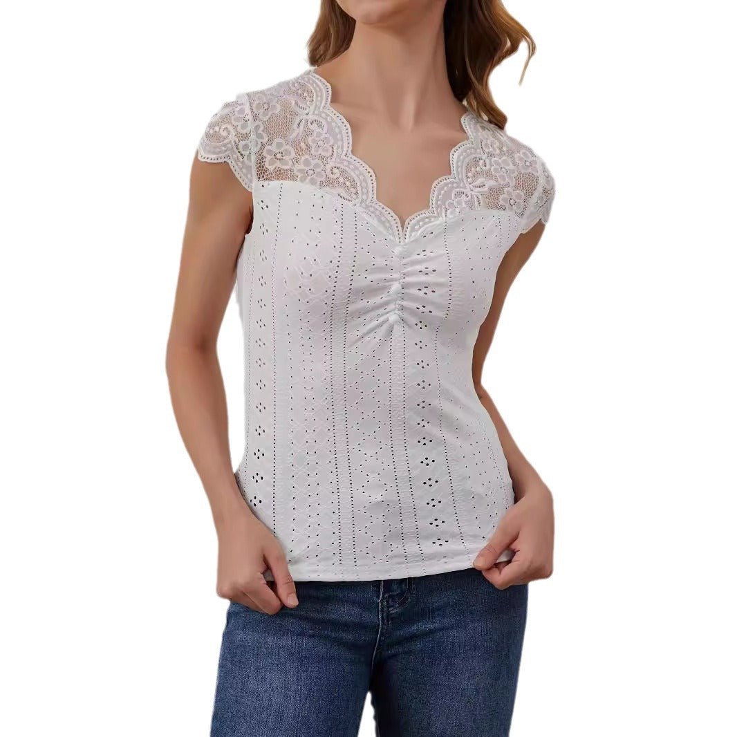 2025 fan-shaped V-neck front chest button lace splicing slim and thin T-shirt short-sleeved top women's clothing