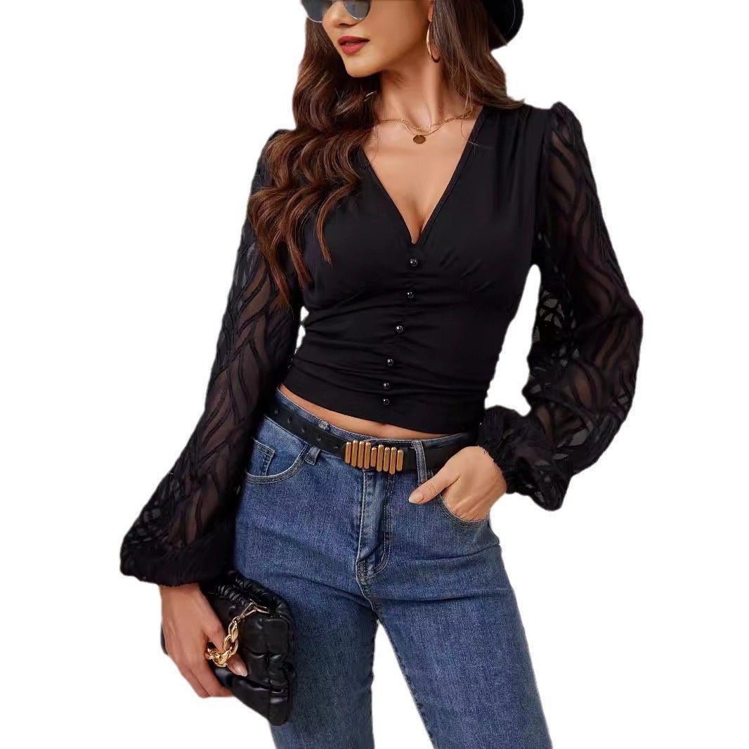 2025 new chiffon lantern sleeves splicing pleated waist V-neck long-sleeved T-shirt slim top women