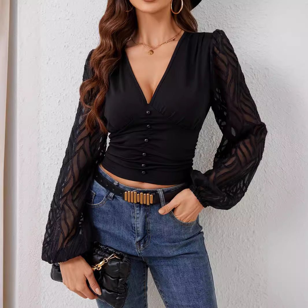 2025 new chiffon lantern sleeves splicing pleated waist V-neck long-sleeved T-shirt slim top women