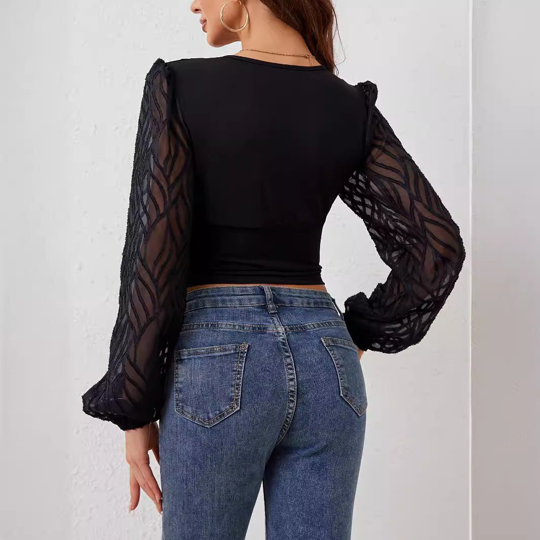 2025 new chiffon lantern sleeves splicing pleated waist V-neck long-sleeved T-shirt slim top women