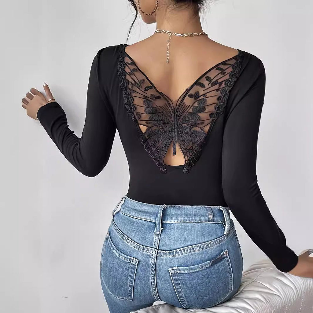 2025 new elegant back hollow sticker Hu Die lace long-sleeved solid color T-shirt slim top