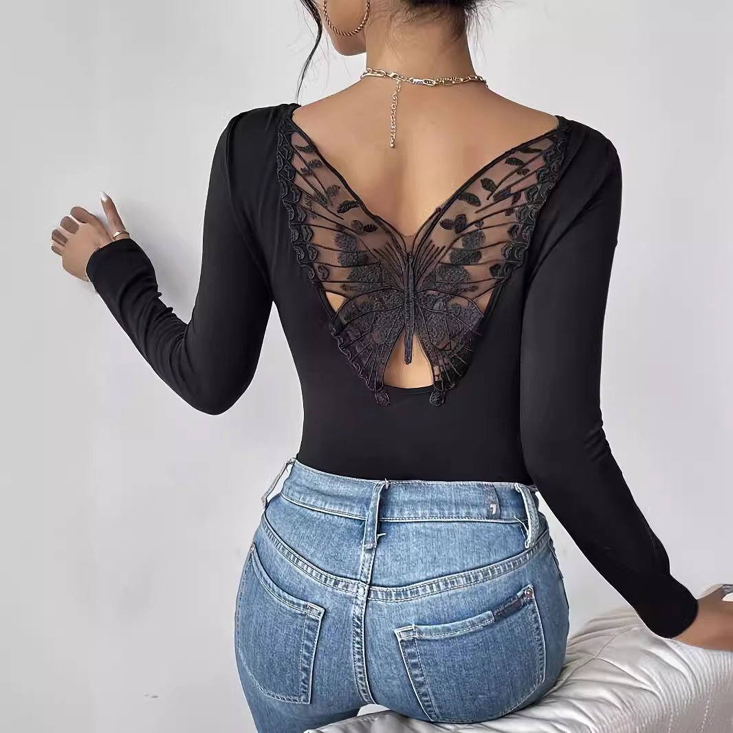 2025 new elegant back hollow sticker Hu Die lace long-sleeved solid color T-shirt slim top