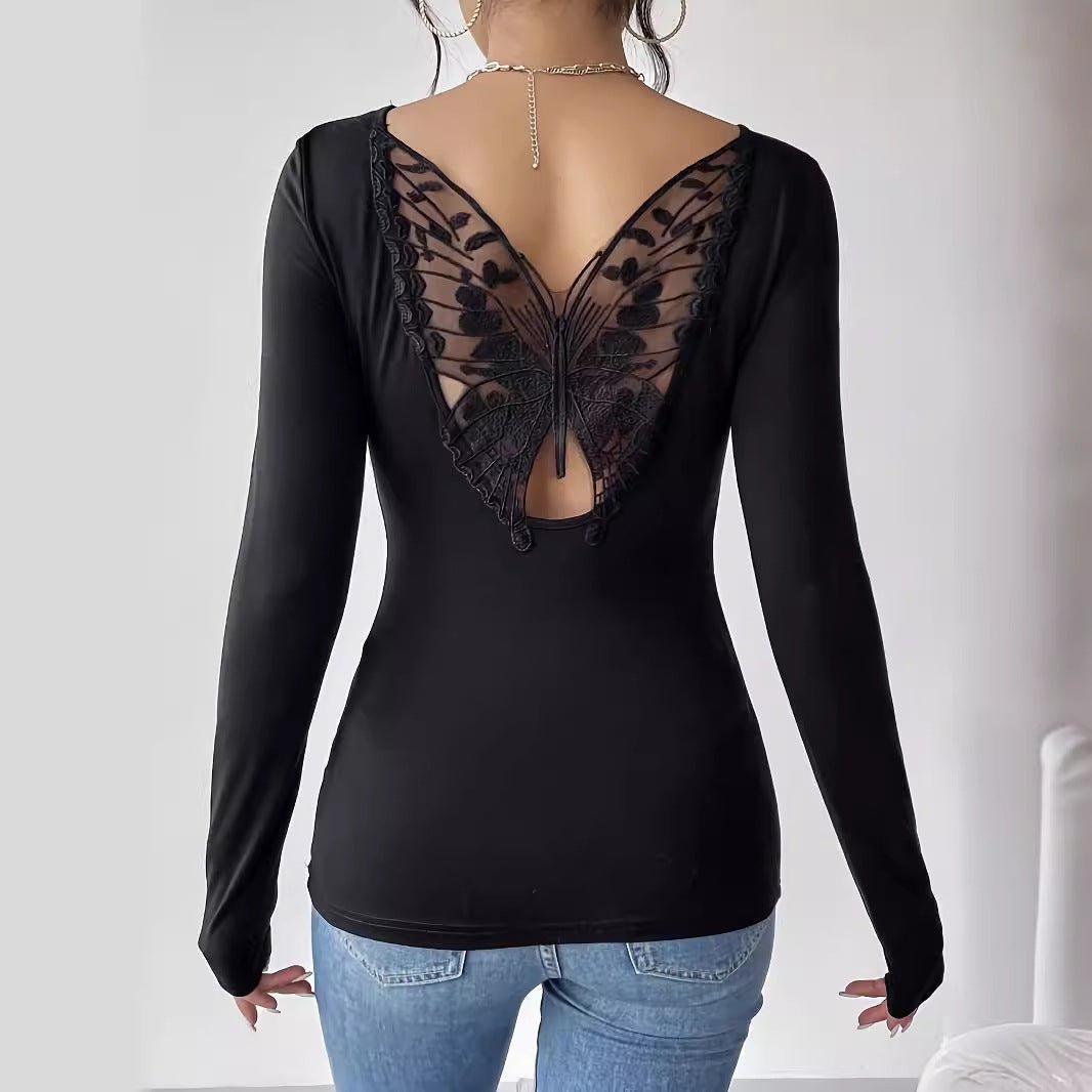 2025 new elegant back hollow sticker Hu Die lace long-sleeved solid color T-shirt slim top