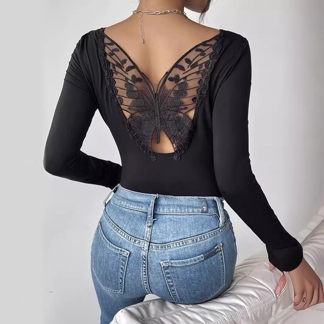 2025 new elegant back hollow sticker Hu Die lace long-sleeved solid color T-shirt slim top