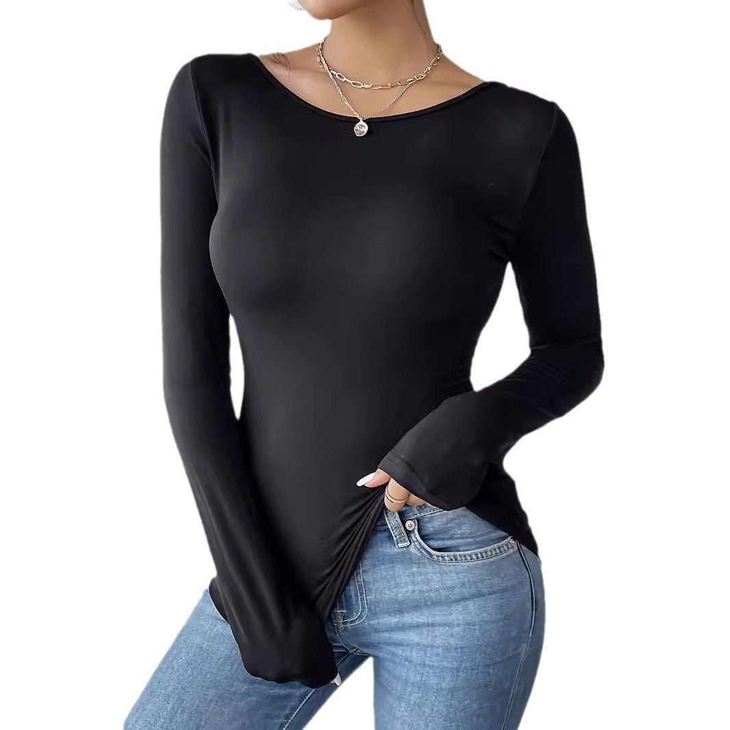 2025 new elegant back hollow sticker Hu Die lace long-sleeved solid color T-shirt slim top
