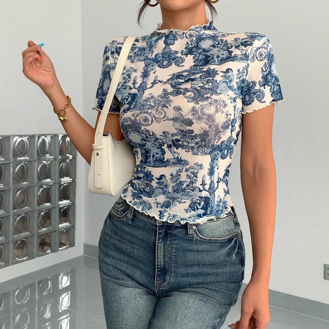 2025 new elegant mesh printing fungus edge short-sleeved T-shirt slim top women