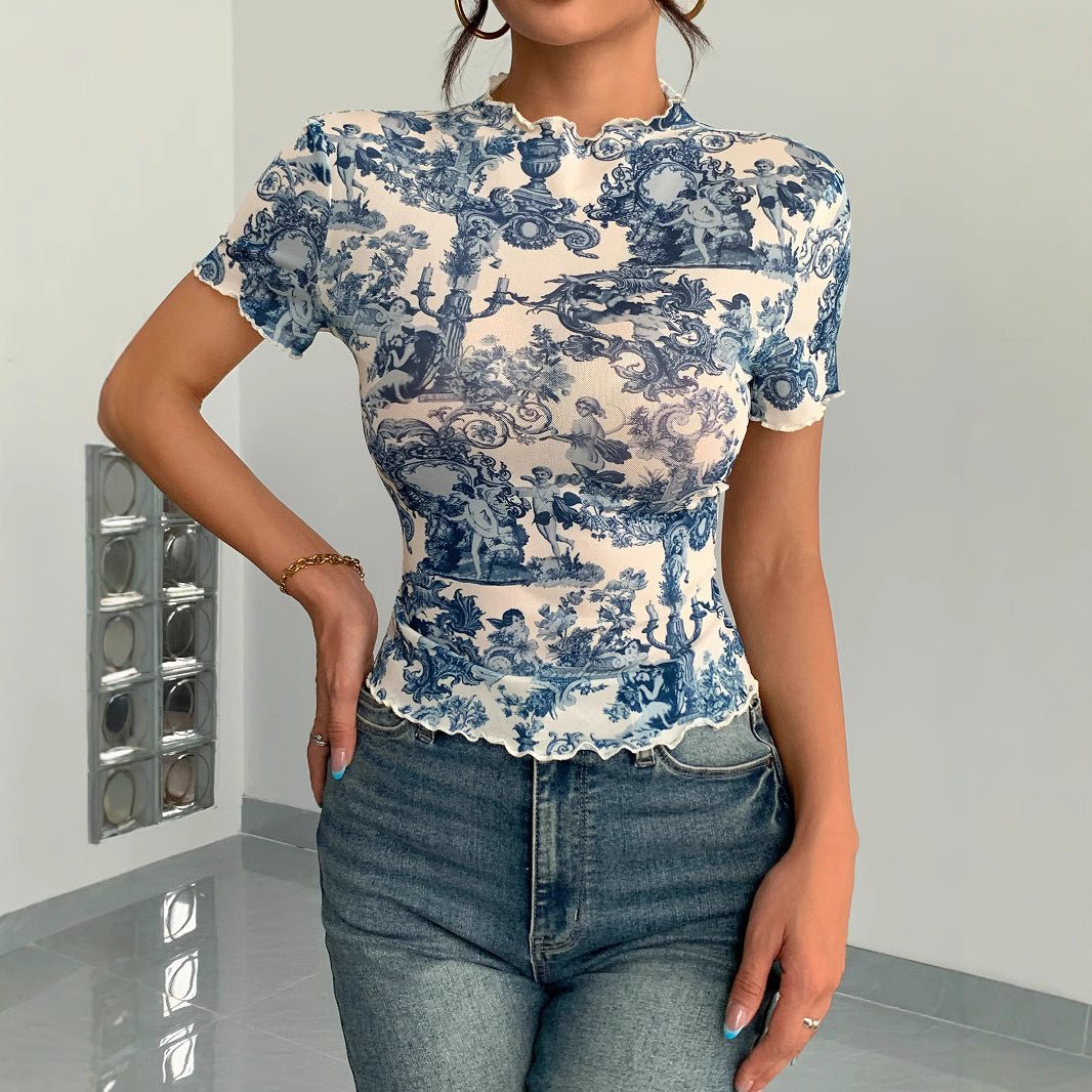 2025 new elegant mesh printing fungus edge short-sleeved T-shirt slim top women