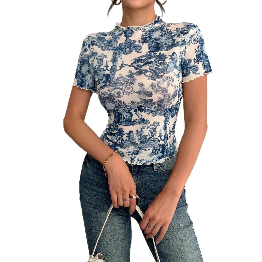 2025 new elegant mesh printing fungus edge short-sleeved T-shirt slim top women