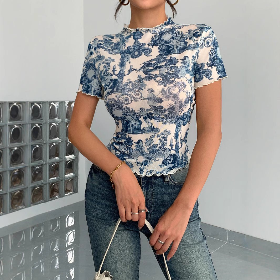 2025 new elegant mesh printing fungus edge short-sleeved T-shirt slim top women