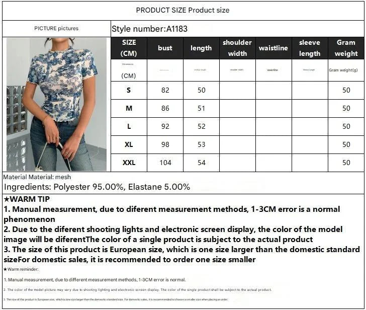 2025 new elegant mesh printing fungus edge short-sleeved T-shirt slim top women