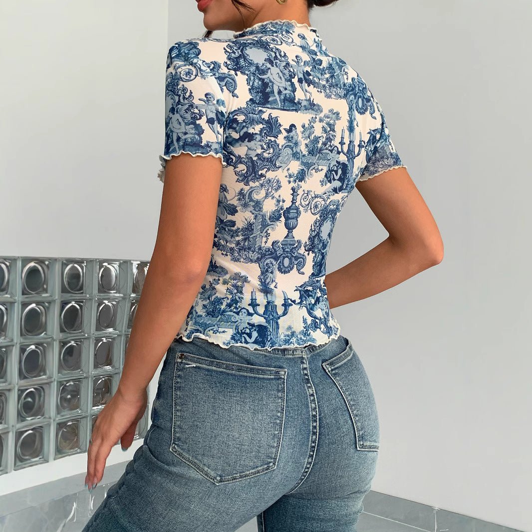 2025 new elegant mesh printing fungus edge short-sleeved T-shirt slim top women