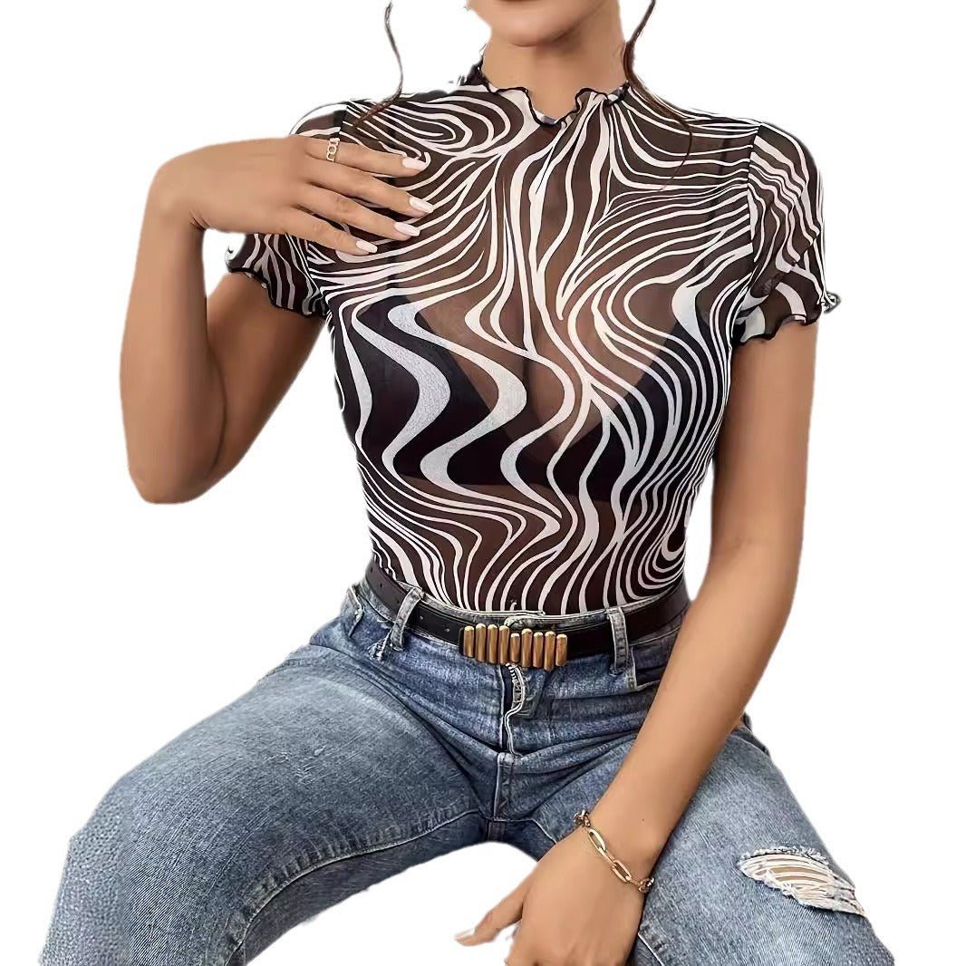 2025 new elegant mesh printing striped fungus edge short-sleeved T-shirt slim top women's clothing