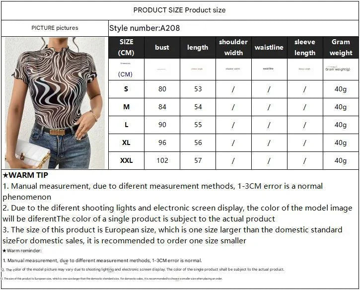 2025 new elegant mesh printing striped fungus edge short-sleeved T-shirt slim top women's clothing