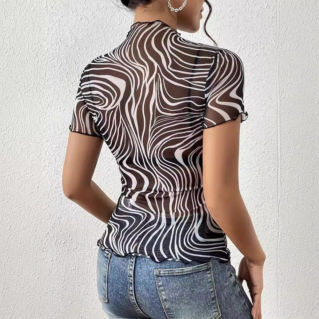 2025 new elegant mesh printing striped fungus edge short-sleeved T-shirt slim top women's clothing