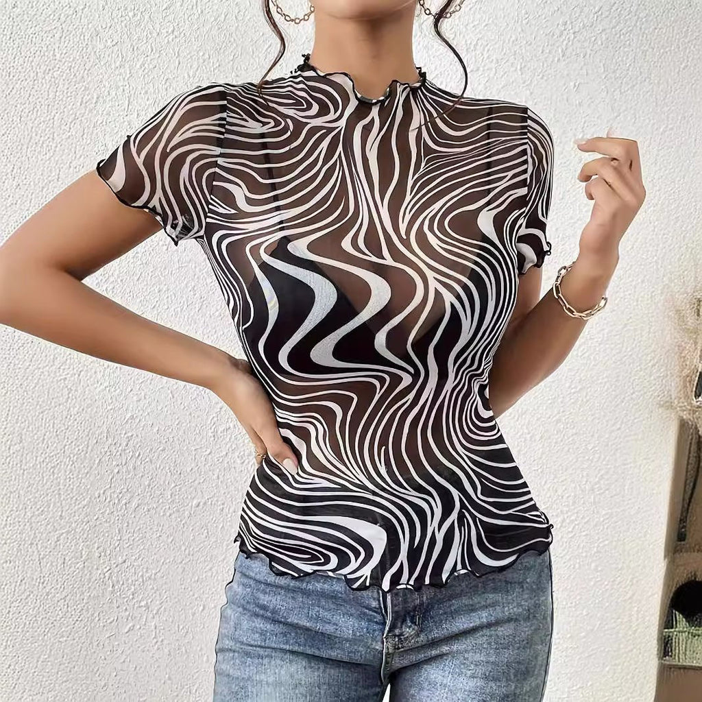 2025 new elegant mesh printing striped fungus edge short-sleeved T-shirt slim top women's clothing