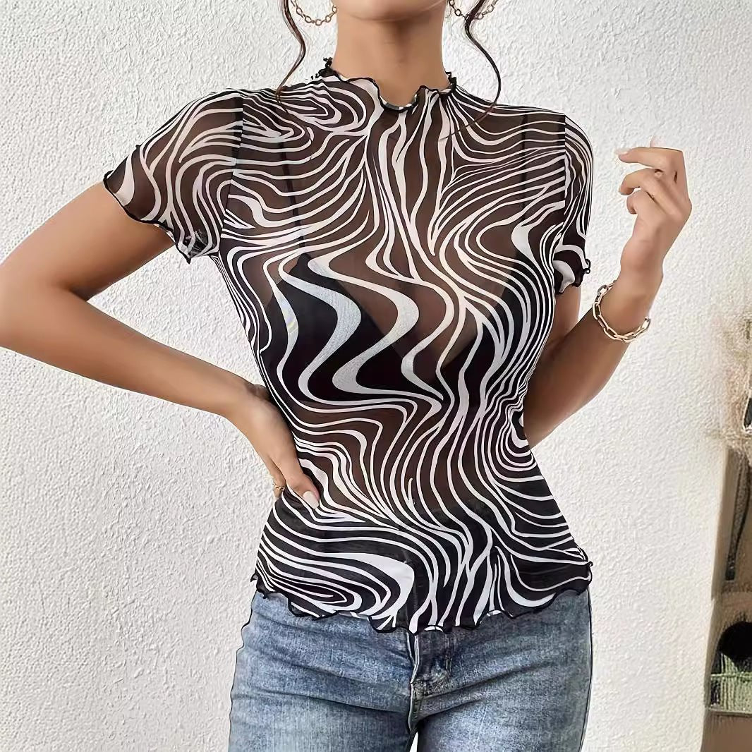 2025 new elegant mesh printing striped fungus edge short-sleeved T-shirt slim top women's clothing