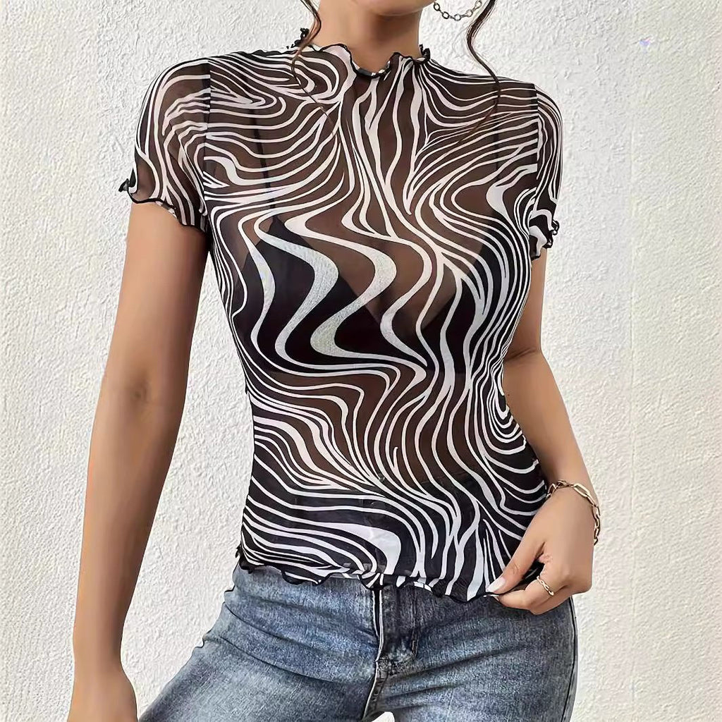 2025 new elegant mesh printing striped fungus edge short-sleeved T-shirt slim top women's clothing