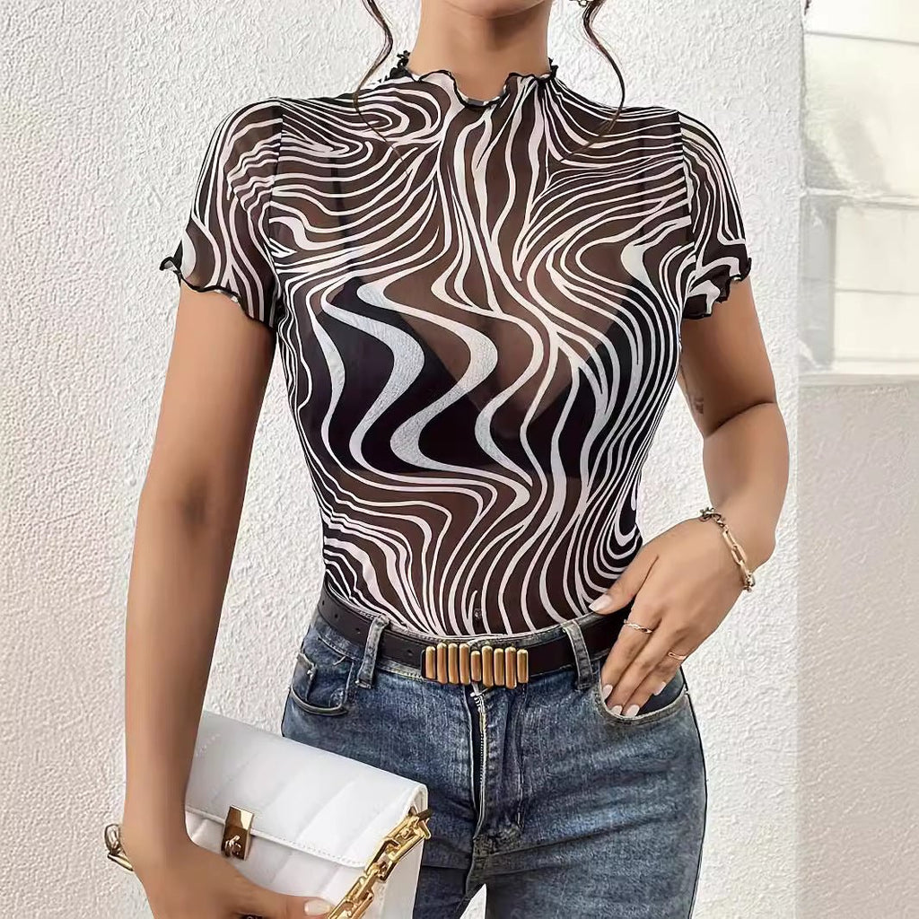 2025 new elegant mesh printing striped fungus edge short-sleeved T-shirt slim top women's clothing