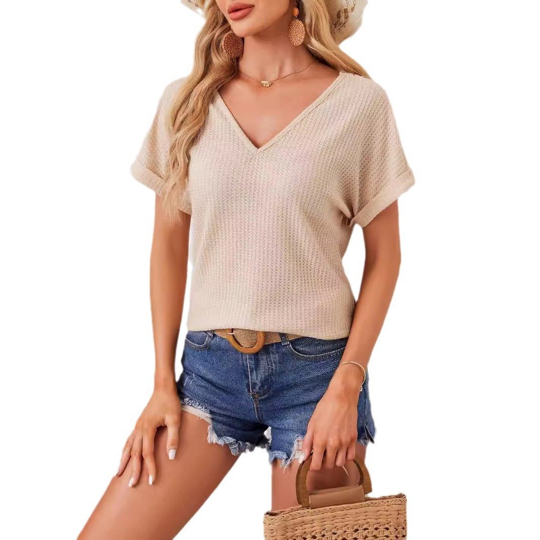 2025 new elegant V-neck back hollow splicing fashionable lace bat sleeve T-shirt women's clothing